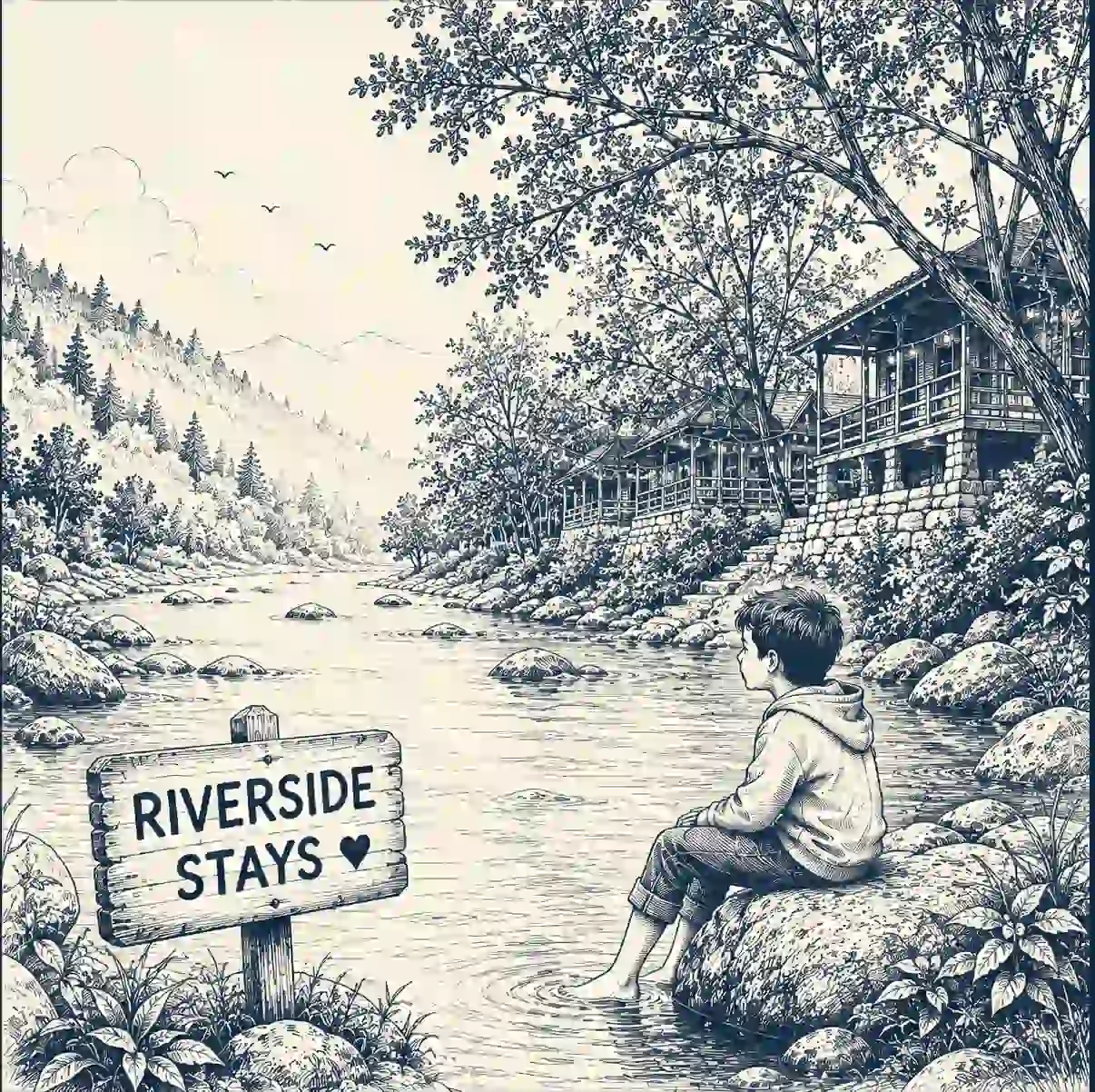 Riverside village illustration